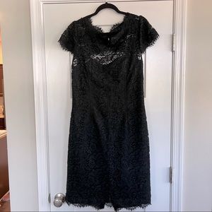 ML Monique Lhuillier Black Cap-Sleeved Lace Overlay Bodycon Cocktail Fit Size 16